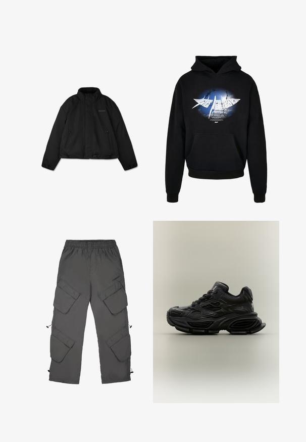 Schwarze Steppjacke mit hohem Kragen, seitlichen Reißverschlusstaschen und dezentem Logo auf der linken Brust, flach auf weißem Hintergrund dargestellt.; Schwarzer Hoodie aus Baumwollmischung mit einem großen Grafikdruck auf blauem Hintergrund und weißem Text. Inklusive einer Fronttasche und gerippten Bündchen.; Cargo-Hosen aus dunkelgrauem Stoff mit elastischem Bund, mehreren Cargotaschen, Zugbändern an den Säumen und einer glatten Textur.; Schwarzer klobiger Sneaker mit strukturiertem Design, dicker Sohle und Schnürverschluss vor schlichtem neutralem Hintergrund.