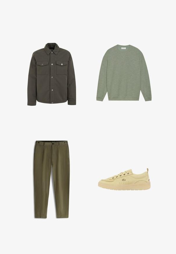 Olivgrüne Jacke aus strapazierfähigem Stoff, mit Kragen, zwei Brusttaschen und metallenen Druckknöpfen an der Front.; Grüner Sweatshirt mit langen Ärmeln, strukturiertem Stoff, gerippten Bündchen, V-Ausschnitt und einem kleinen Logo im Brustbereich.; Olivgrüne Herrenhose mit vorderer Knopfleiste, Gürtelschlaufen, Seitentaschen und Knopfdetails an den Seiten des Bunds.; Hellgelber, perforierter Sneaker mit Schnürdesign, farblich abgestimmter Gummisohle und dezentem Logodetail. Glatte Textur und abgerundete Zehenform.