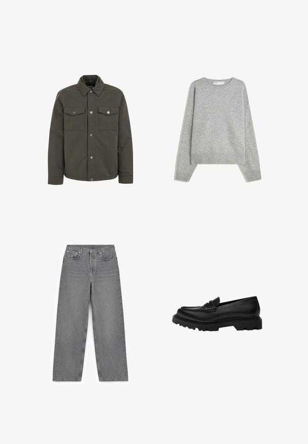 Veste vert olive en tissu durable, avec un col, deux poches poitrine et des boutons-pression métalliques sur le devant.; Pull en tricot gris avec un col rond, des poignets et un ourlet côtelés, offrant une coupe décontractée et une texture douce.; Jean gris à taille large en denim, avec un design classique à cinq poches, fermeture à bouton métallique et détails de couture discrets.; Mocassin en cuir noir avec une semelle robuste et texturée. Présente un bord décoratif en couture et un petit talon pour un design contemporain.