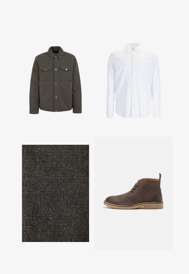 Olivgrüne Jacke aus strapazierfähigem Stoff, mit Kragen, zwei Brusttaschen und metallenen Druckknöpfen an der Front.; Weißes Langarm-Hemd aus glattem Stoff, mit klassischem Kragen, Frontblende und einem dezenten Logoakzent auf der Brust.; Dunkel strukturiertes Gewebe mit einem subtilen Muster, das eine Mischung aus grauen und braunen Fäden aufweist und ein gewebtes Erscheinungsbild erzeugt. Glatt im Griff.; Braune Lederknöchelstiefel mit runder Spitze, Schnürdesign und einer cremefarbenen Gummisohle. Verfügt über eine Zuglasche an der Ferse.