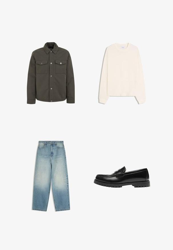 Veste vert olive en tissu durable, avec un col, deux poches poitrine et des boutons-pression métalliques sur le devant.; Sweatshirt à manches longues de couleur crème avec un col rond, des poignets côtelés et un ourlet légèrement raccourci. Fabriqué en coton doux.; Jean denim bleu clair à jambes larges avec poches avant, fermeture par bouton, et effet délavé sur les cuisses et les genoux.; Mocassin en cuir noir avec une semelle en caoutchouc épaisse et un détail classique de bride à monnaie, vu de côté extérieur.