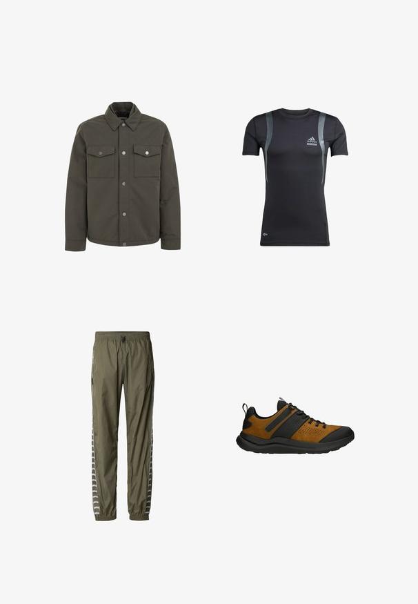 Veste vert olive en tissu durable, avec un col, deux poches poitrine et des boutons-pression métalliques sur le devant.; T-shirt de sport noir à manches courtes avec des accents gris, fabriqué en tissu extensible. Présente un logo Adidas sur la poitrine gauche et une marque Techfit.; Pantalon de survêtement vert olive avec taille et poignets élastiques, logo texte blanc répétitif "UNFAIR" sur les bandes latérales.; Baskets basses marron et noires avec lacets, col rembourré, panneaux latéraux perforés et semelle épaisse texturée.