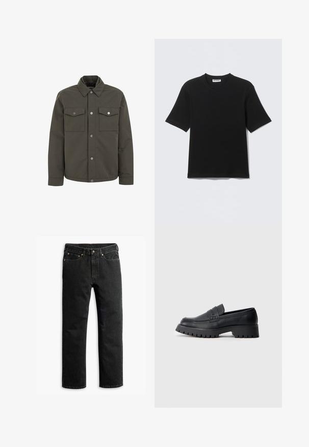 Chaqueta verde oliva hecha de un tejido duradero, con un cuello, dos bolsillos en el pecho y botones de presión metálicos en la parte delantera.; Camiseta negra de manga corta con cuello redondo y etiqueta "WEEKDAY" en el interior del cuello, mostrada plana sobre un fondo claro.; Jeans de mezclilla negros de pierna recta con cinco bolsillos, trabillas para cinturón y un cierre de botón en la cintura, dispuestas en una superficie plana sobre un fondo blanco.; Mocasines de cuero negro con punta redondeada, que presentan una correa decorativa y una suela de goma gruesa con surcos profundos para mayor tracción.