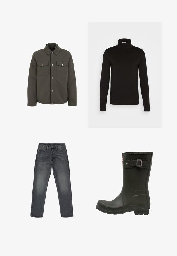 Olivgrüne Jacke aus strapazierfähigem Stoff, mit Kragen, zwei Brusttaschen und metallenen Druckknöpfen an der Front.; Schwarz, langärmliges Turtleneck-Shirt aus einem glatten Stoff mit figurnaher Passform und hohem, enganliegendem Kragen. Keine sichtbaren Muster oder Akzente.; Graue Jeans aus Denim mit geradem Schnitt, fünf Taschen, Knopfverschluss und dezentem Verblassen. Verstärkte Nähte und Kupferakzente.; Schwarzer Gummiregenstiefel mit runder Spitze, einem Riemen mit Schnalle an der Oberseite und einer strukturierten Sohle für besseren Halt.