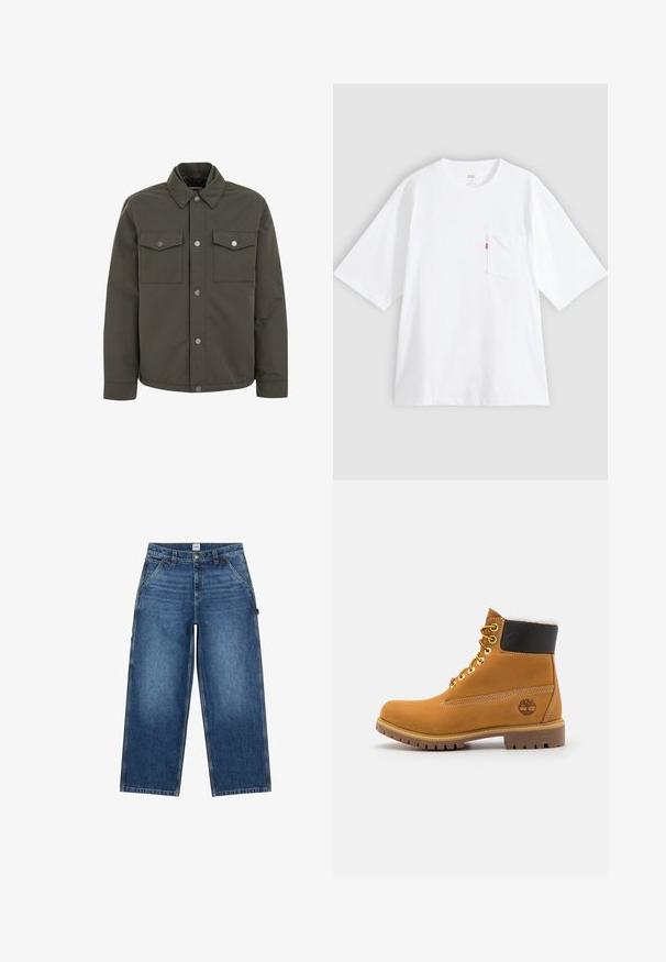 Chaqueta verde oliva hecha de un tejido duradero, con un cuello, dos bolsillos en el pecho y botones de presión metálicos en la parte delantera.; Camiseta blanca de algodón con mangas cortas, cuello redondo y bolsillo en el pecho izquierdo. Presenta una pequeña etiqueta con logo rojo en el bolsillo.; Vaqueros anchos azules con bolsillos delanteros, presillas para cinturón, cierre de botones y una etiqueta de la marca Lee en la cintura.; Botín de cuero marrón con ojales de metal, forro de piel sintética blanca, cuello acolchado negro, suela resistente y logotipo en relieve en el costado.