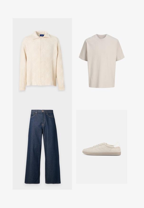 Beige Hemd mit Knopfleiste aus strukturiertem Stoff, mit einem Rautenmuster und einem klassischen Kragen. Vier Knöpfe auf der Vorderseite.; Beiges T-Shirt mit kurzen Ärmeln, Rippstruktur, Rundhalsausschnitt, weiter Passform und feinen strukturierten vertikalen Linien.; Jeans mit weitem Bein aus dunkelblauem Denim mit oranger Naht, versehen mit fünf Taschen, einem vorderen Knopfverschluss und einer geraden Silhouette.; Beiger Wildleder-Sneaker mit strukturiertem Obermaterial, glattem weißen Fersenbereich, dünnen Schnürsenkeln und Gummisohle. Verfügt über ein flaches Design.