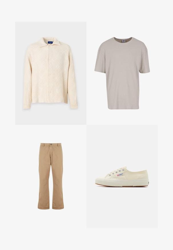 Beige Hemd mit Knopfleiste aus strukturiertem Stoff, mit einem Rautenmuster und einem klassischen Kragen. Vier Knöpfe auf der Vorderseite.; Hellbeige T-Shirt mit kurzen Ärmeln aus strukturiertem Stoff, mit Rundhalsausschnitt und lockerer Passform. Keine sichtbaren Muster oder Hardware.; Beige Baumwollhosen mit geradem Schnitt, ausgestattet mit einem Knopfverschluss, Vordertaschen und einer glatten Textur.; Beige Leinen-Sneaker mit niedrigem Profil, Metallösen und Gummisohle. Mit einem strukturierten Muster und einem Logodetail an der Seite.