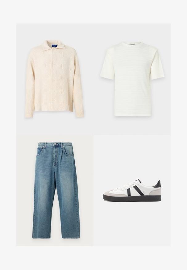 Beige Hemd mit Knopfleiste aus strukturiertem Stoff, mit einem Rautenmuster und einem klassischen Kragen. Vier Knöpfe auf der Vorderseite.; Weiße kurzärmelige T-Shirt aus strukturiertem Stoff mit einem dezenten horizontalen Muster. Rundhalsausschnitt, relaxter Schnitt.; Helle blaue Jeans mit geradem Bein, die einen Knopfverschluss, zwei frontale Taschen und eine klassische, ausgewaschene Textur aufweisen.; Weiße Sneaker mit schwarz- und grau-aczenten, ausgestattet mit einer strukturierten grauen Zehenkappe, schwarzer Gummi-Sohle und flachen weißen Schnürsenkeln. Sauberes Design, minimalistische Stil.