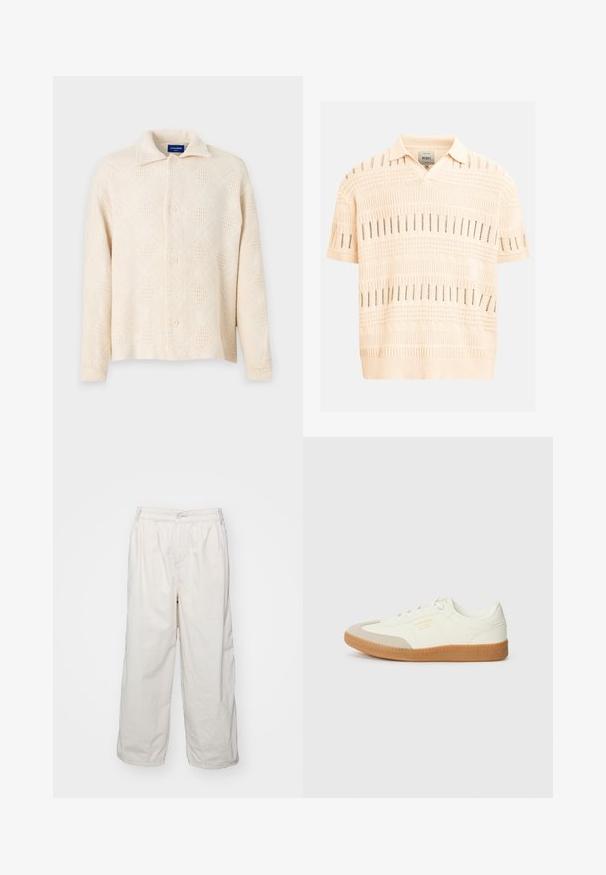 Beige Hemd mit Knopfleiste aus strukturiertem Stoff, mit einem Rautenmuster und einem klassischen Kragen. Vier Knöpfe auf der Vorderseite.; Cremefarbenes, kurzärmeliges Polohemd aus Strick mit strukturierten, offenen Strickmustern sowie geripptem Kragen und Saum.; Weiße Baumwoll-Hosen mit weitem Bein und elastischem Bund, ausgestattet mit einem vorderen Knopfverschluss und seitlichen Taschen. Glatte Textur und minimalistisches Design.; Sneaker aus weißem Leder mit einer beigen Zehenkappe und leichter brauner Gummisohle. Verfügt über flache weiße Schnürsenkel und geprägtes Branding an der Seite.