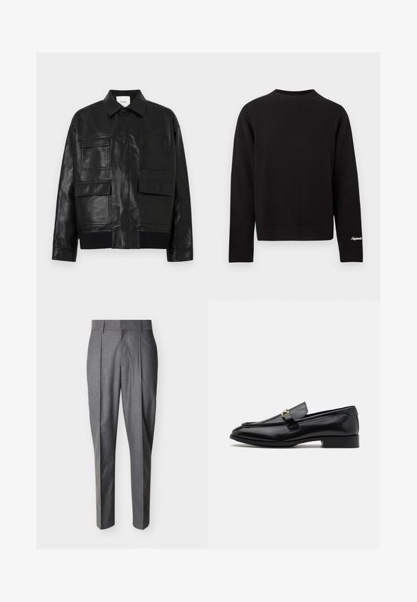 Veste en simili cuir noir avec un col, un bouton-pression à l'avant, un ourlet côtelé et quatre grandes poches à rabat et à patch à l'avant.; Pull noir en maille avec encolure ronde, manches longues et ourlet côtelé. Présente un design simple et classique avec des détails minimaux.; Pantalon de tailleur gris avec plis et passants pour ceinture, présenté à plat sur un fond blanc.; Mocassins en cuir noir avec un bout arrondi, des accents cousus, un petit talon et un détail en métal doré sur la sangle. Texture lisse dans l'ensemble.