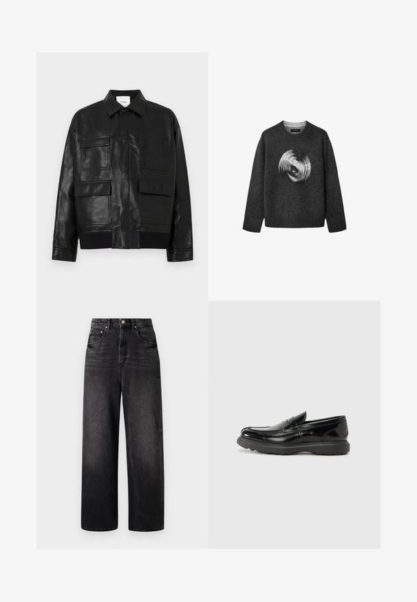 Veste en simili cuir noir avec un col, un bouton-pression à l'avant, un ourlet côtelé et quatre grandes poches à rabat et à patch à l'avant.; Pull à manches longues gris foncé avec un col rond et un logo circulaire flou "ALLSAINTS" sur le devant.; Jeans en denim noir avec une coupe ample, taille haute, cinq poches et une fermeture à bouton visible. Présente un délavage subtil et une coupe droite.; Mocassin en cuir noir avec une finition brillante, bout arrondi, détails de couture subtils et semelle en caoutchouc épaisse pour la durabilité.