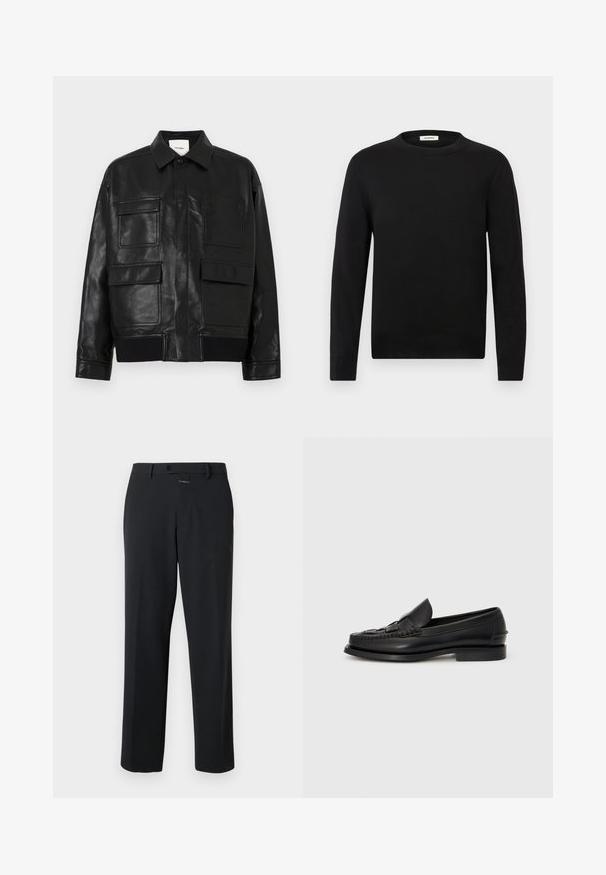 Veste en simili cuir noir avec un col, un bouton-pression à l'avant, un ourlet côtelé et quatre grandes poches à rabat et à patch à l'avant.; Pull noir à manches longues avec col rond, poignets et ourlet côtelés, présenté sur un fond gris clair uni.; Pantalon noir à coupe droite, en tissu lisse. Il présente une fermeture à bouton à l'avant et des détails de couture subtils. Conception simple sans motifs.; Mocassin en cuir noir avec un détail tissé à l'avant, bout arrondi et petit talon. Texture lisse et design minimaliste.