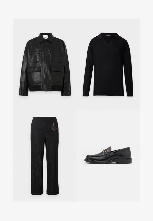 Veste en simili cuir noir avec un col, un bouton-pression à l'avant, un ourlet côtelé et quatre grandes poches à rabat et à patch à l'avant.; Pull en maille noir à manches longues avec col en V et motif texturé subtil, avec un petit emblème embossé sur la poitrine gauche.; Pantalons larges en noir texturé, avec une finition lisse et des coutures visibles ; comprend une étiquette attachée par une boucle en métal argenté.; Mocassins en cuir noir avec un embout rond, présentant des accents en métal doré et des détails de couture, montés sur une semelle en caoutchouc texturé et basse.