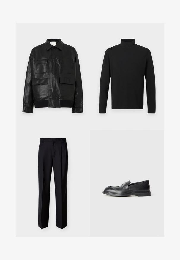 Veste en simili cuir noir avec un col, un bouton-pression à l'avant, un ourlet côtelé et quatre grandes poches à rabat et à patch à l'avant.; Chandail à col roulé noir en tissu lisse. Doté de manches longues et d'un col haut. Design simple sans motifs ni accents supplémentaires.; Pantalon noir ajusté à coupe droite, avec un devant plissé et des poches latérales. Confectionné dans un tissu lisse et léger à motif uni.; Mocassins en cuir noir avec une finition texturée, dotés d'une bride décorative à l'avant et d'un bout arrondi. Semelle en caoutchouc pour plus de durabilité.