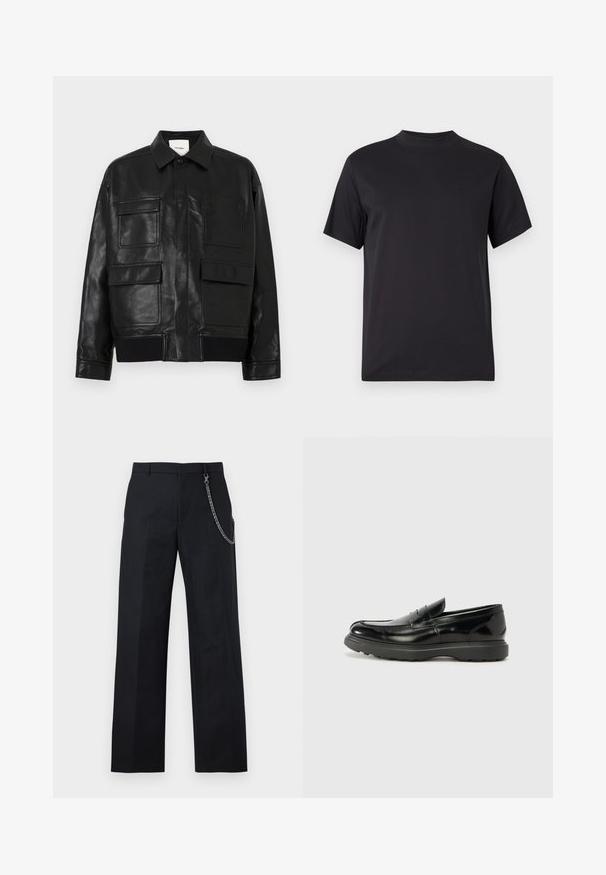 Schwarze Kunstlederjacke mit Kragen, Frontdruckknopf, geripptem Saum und vier großen Klappen- und Aufsetztaschen auf der Vorderseite.; Schwarzes T-Shirt mit kurzen Ärmeln, hohem Rundhalsausschnitt und normaler Passform, dargestellt auf einem schlichten hellgrauen Hintergrund.; Schwarze weite Hose mit Gürtelschlaufen und angebrachter silberner Kette auf der rechten Seite, vor weißem Hintergrund dargestellt.; Schwarze Lederloafer mit glanzendem Finish, abgerundetem Zehenbereich, subtilen Steppnähten und einer dicken Gummisohle für Langlebigkeit.