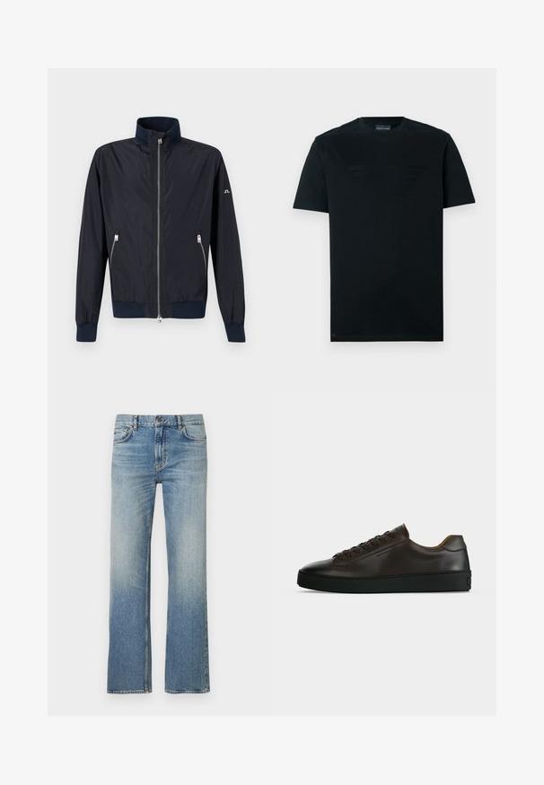 Navy blue zip-up lightweight jacket with high collar, elastic cuffs and hem, and zippered side pockets on plain background.; Black t-shirt made of cotton; features a matte logo design in the center. Classic crew neck, short sleeves, and straight hem.; Light blue denim jeans with a straight-leg cut, featuring a faded finish, classic five-pocket design, and contrasting stitching.; Low-profile dark brown leather sneaker with black rubber sole, lace-up front, and smooth minimalist design on a light background.