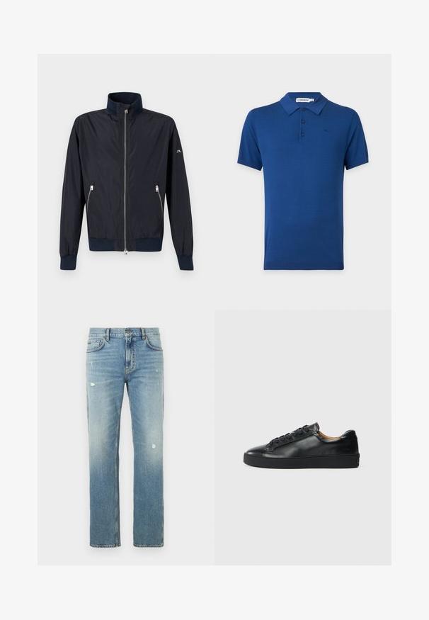 Navy blue zip-up lightweight jacket with high collar, elastic cuffs and hem, and zippered side pockets on plain background.; Blue short-sleeve polo shirt with three buttons and a collar, displayed on a light gray background.; Light blue denim jeans with a straight-leg fit, featuring faded areas and small distressed patches. Classic five-pocket design and belt loops.; Black leather sneaker with a smooth texture, round toe, and lace-up closure. Features a thick rubber sole and minimal branding detail.