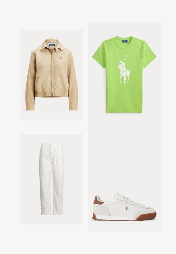 Beige lightweight jacket with a zip front, collar, elasticized cuffs and hem, featuring a small embroidered logo on the left chest.; Light green short-sleeve t-shirt with a white polo player on horseback graphic centered and "Polo" text on the left sleeve.; White straight-leg pants with large front patch pockets, belt loops, and a button closure at the waist.; White low-top sneaker with brown suede heel and toe accents, white laces, and a small brown embroidered logo on the side.