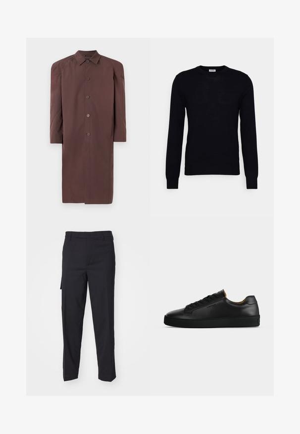 Brun lang frakke med krave, knaplukning og raglanærmer. Glat stof med moderat glans og uden synlige mønstre.; Sort langærmet sweater lavet af blødt strikket materiale. Rund halsudskæring, ribbede manchetter og kant. Minimalistisk design uden synlige mønstre eller knapper.; Sorte bukser lavet af et glat, vævet stof. Har en lige pasform, slim fit, bæltestropper og en sidelomme.; Sort lavtopet læder-sneaker med sorte snørebånd, tekstureret gummisål og lille præget logo på siden, vist i profil mod grå baggrund.