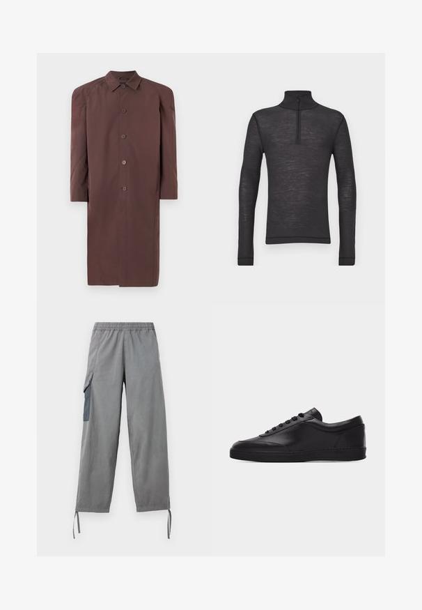Bruine lange jas met een kraag, knoopsluiting en raglanmouwen. Glad materiaal met een gematigde glans en geen zichtbare patronen.; Zwarte lange mouwen turtleneck shirt gemaakt van een gestructureerde stof, met een halve rits bij de kraag en aansluitende mouwen.; Grijze lichtgewicht cargobroek met een elastische tailleband, zijzak, verstelbare manchetten en een gladde textuur.; Zwarte lage leren sneaker met vetersluiting aan de voorkant en een platte rubberen zool, gezien van de zijkant tegen een effen witte achtergrond.