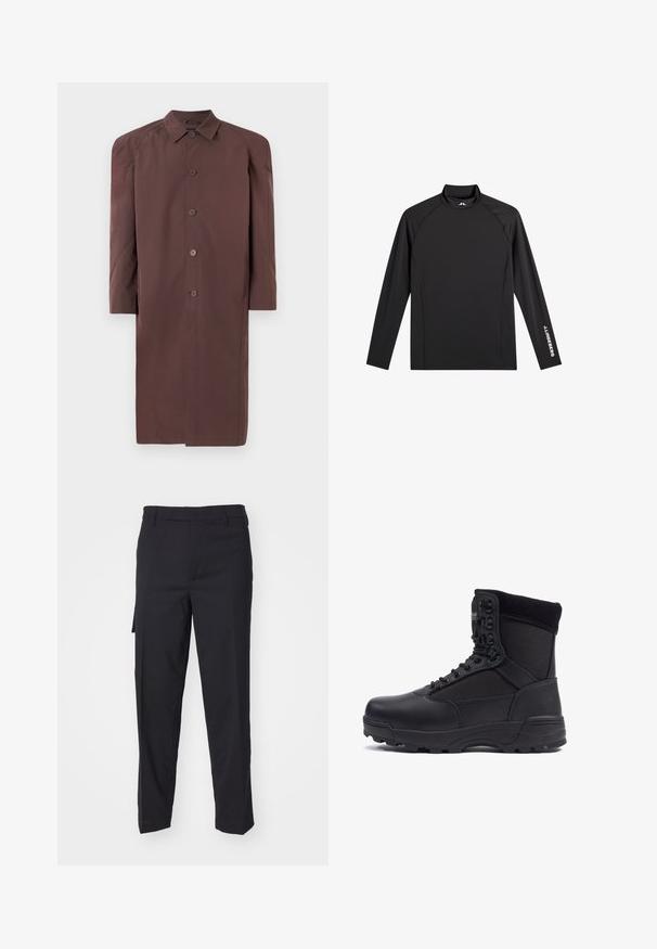 Bruine lange jas met een kraag, knoopsluiting en raglanmouwen. Glad materiaal met een gematigde glans en geen zichtbare patronen.; Zwart sporttopje met lange mouwen, opstaande kraag, slim fit en witte "J.Lindeberg"-logo op linkerarm en kraag.; Zwarte broek van een gladde, geweven stof. Heeft een rechte snit, slim fit, riemlussen en een zijzak.; Zwarte tactical boot met een gladlederen bovenkant en stofpanelen, hoge enkelontwerp, vetersluiting aan de voorkant en robuuste rubberen zool.