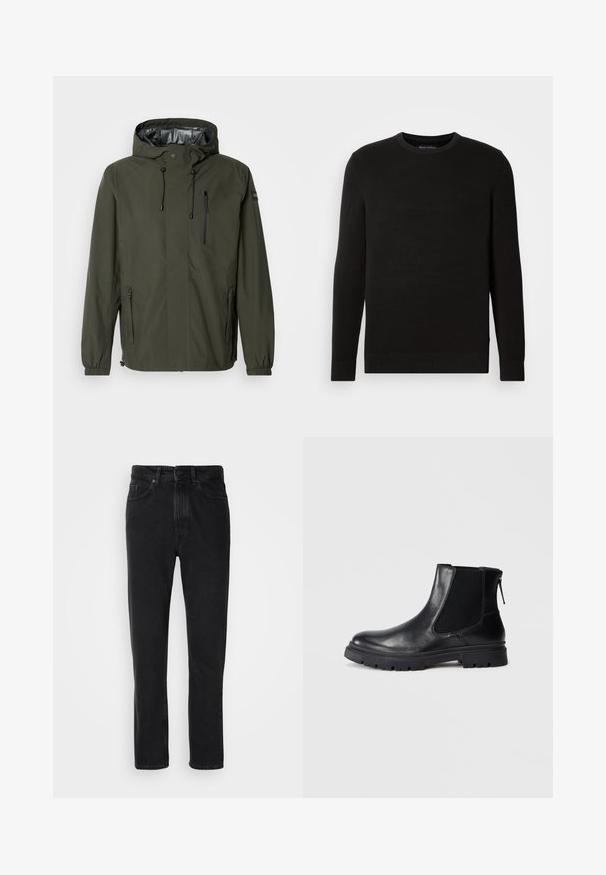 Veste imperméable verte avec capuche, poche poitrine zippée, cordons de serrage ajustables, poignets élastiques et doublure intérieure lisse.; Pull noir en mailles avec col rond, manches longues, tissu texturé, bords-côtes au niveau des poignets et de l'ourlet, avec un petit logo sur la poitrine.; Jeans en denim noir avec une coupe droite, dotés d'une fermeture à bouton et à zip, de poches avant et d'une texture subtile.; Bottine en cuir noir avec une finition lisse, des panneaux latéraux en maille élastique et une semelle robuste avec un motif de crampons visible.