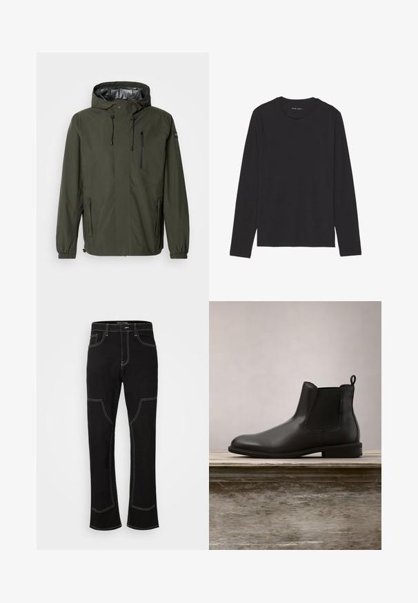 Veste imperméable verte avec capuche, poche poitrine zippée, cordons de serrage ajustables, poignets élastiques et doublure intérieure lisse.; T-shirt à manches longues noir en tissu doux et léger. Présente un col rond et un ourlet droit. Aucun motif ou accent visible.; Pantalon en denim noir évasé avec des coutures blanches, doté de poches avant et d'une coupe droite. Tissu résistant avec une texture lisse.; Botte de cheville en cuir noir avec une texture lisse, bout arrondi, panneaux latéraux élastiques et languette, posée sur une surface en bois.
