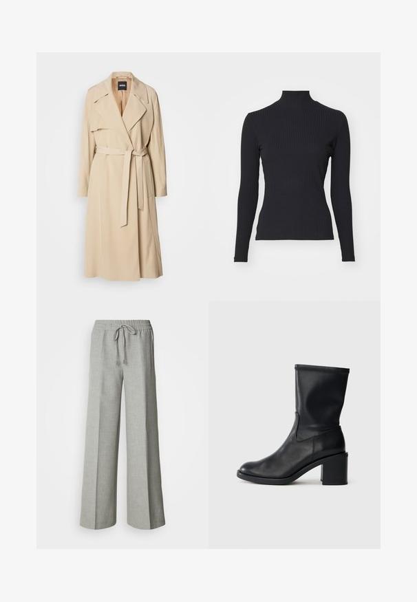 Beige trenchcoat van gladde stof, met een dubbelknoopsluiting, brede revers, een riem in de taille en zijzakken.; Zwarte geribde coltrui met lange mouwen. Gemaakt van rekbare stof met een getailleerde pasvorm en hoge kraag. Eenvoudig ontwerp zonder versieringen.; Lichtgrijze wijde broek met elastische tailleband en trekkoord, voorzakken en een subtiele gestructureerde stof.; Zwarte leren enkellaars met een ronde neus, een gladde textuur en een chunky hak, met een strak schacht en subtiele stiksels.