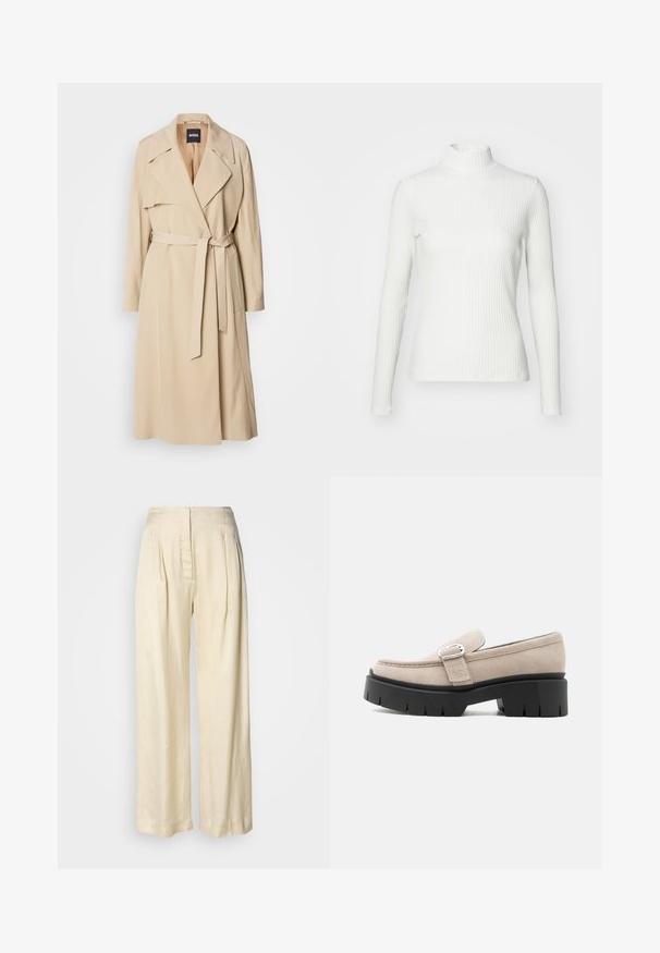 Beige trenchcoat van gladde stof, met een dubbelknoopsluiting, brede revers, een riem in de taille en zijzakken.; Witte geribbelde coltrui met lange mouwen, gemaakt van rekbare stof. Heeft een getailleerd ontwerp en een hoge halslijn voor bedekking.; Crèmekleurige zijden broek met hoge taille, plooien, brede pijpen en een verborgen rits aan de voorkant, afgebeeld tegen een effen witte achtergrond.; Beige suède loafer met zilveren gesp en dikke zwarte chunkysouw, zijaanzicht op witte achtergrond.