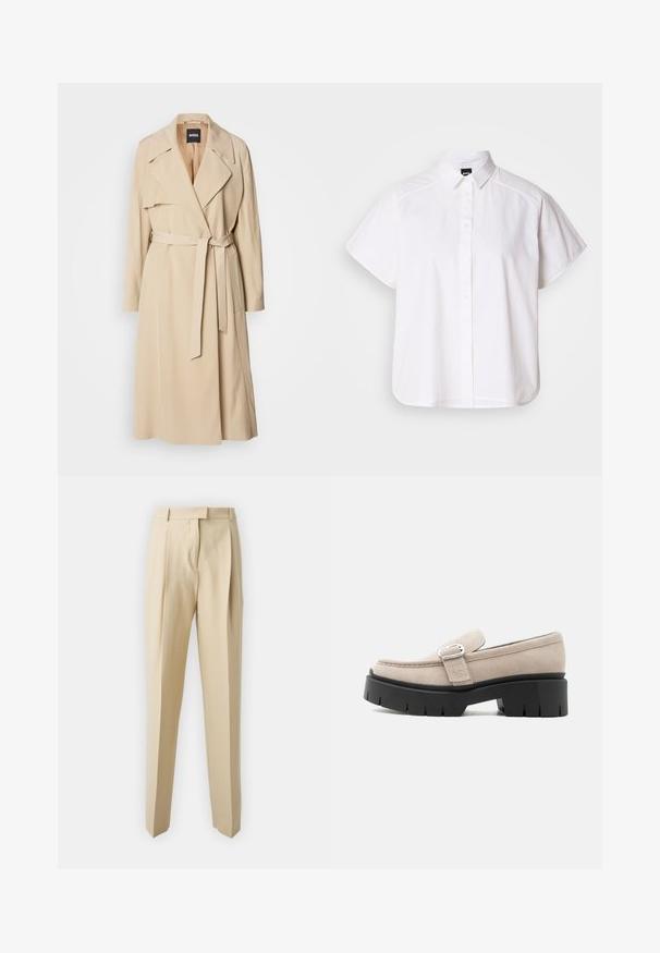 Beige trenchcoat lavet af glat stof, med dobbeltradet design, brede klapper, bælte i taljen og sidelommer.; Hvid kortærmet skjorte med knaplukning, spidse kraver og buet nederste kant. Lavet af bomuld med en glat struktur og uden synlige mønstre.; Beige skrædderbukser med lige snit, der har læg, en taljeværdig og en glat tekstur. Ingen synlige lommer eller udsmykninger.; Beige ruskindslipper med sølvspænde og tyk sort kraftig sål, set fra siden på hvid baggrund.