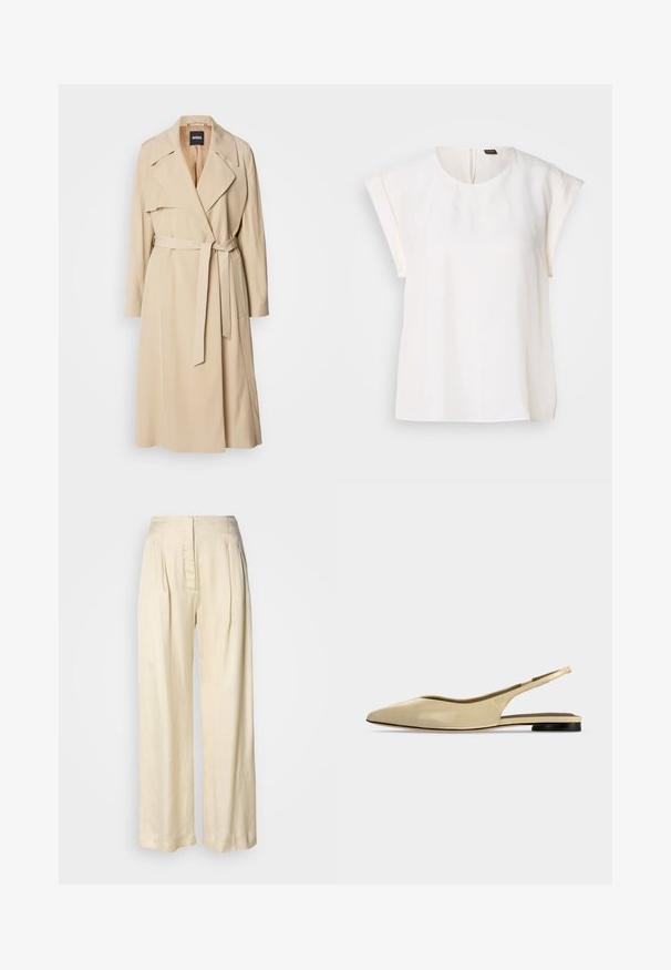 Abrigo trinchera beige hecho de tela suave, con un diseño de doble botonadura, amplios solapas, un cinturón en la cintura y bolsillos laterales.; Blusa blanca de manga corta con cuello redondo y corte holgado, con una pequeña etiqueta negra y naranja en la parte trasera del cuello.; Pantalones de seda crema de tiro alto con pliegues, piernas anchas y cierre frontal oculto con cremallera sobre un fondo blanco liso.; Zapato plano beige con puntera puntiaguda, diseño slingback, tacón bajo negro y acabado en cuero liso, mostrado de perfil sobre un fondo liso.
