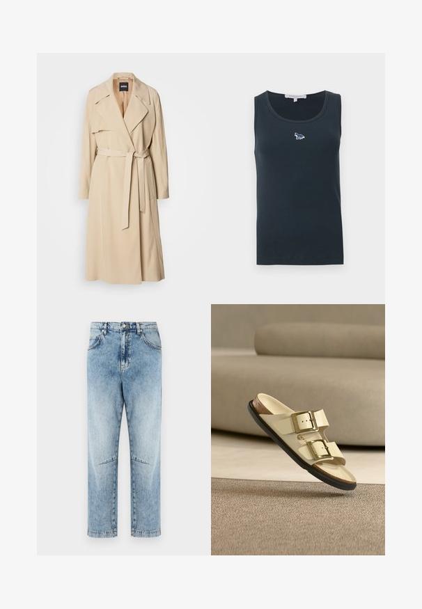 Beige trenchcoat van gladde stof, met een dubbelknoopsluiting, brede revers, een riem in de taille en zijzakken.; Donkergrijze geribbelde mouwloze tanktop met een klein geborduurd voslogo gecentreerd op de bovenste borst.; Lichtblauwe high-waist jeans met rechte pijpen, met uitgewassen effect, voor- en achterzakken, lussen voor een riem, knoopsluiting en details bij de knieën.; Lichtbeige sandaal met twee verstelbare bandjes en gouden gespen. Textuurzool in zwart en een bruine detail bij de hiel. Glad oppervlak ontwerp.