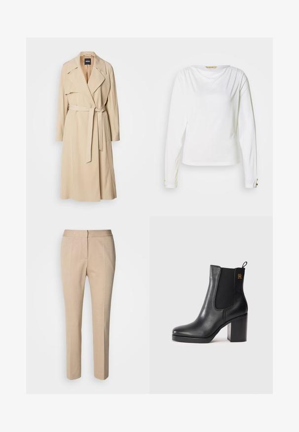 Beige Trenchcoat aus glattem Stoff, mit einem doppelt geknöpften Design, breiten Revers, einem Gürtel in der Taille und seitlichen Taschen.; Weißes Langarmshirt mit rundem Ausschnitt, mit gerafften Details an den Schultern und goldfarbenen Knöpfen an den Ärmeln. Weiche, glatte Textur.; Beige maßgeschneiderte Hose aus strukturiertem Stoff, schlanker Schnitt, mittlere Taille und gerades Bein-Design. Knopf- und Reißverschluss vorne.; Schwarze Leder-Ankle Boots mit Blockabsatz, elastischem Seitenpanel, Zuglasche und kleinem goldenen Logo an der Oberseite.
