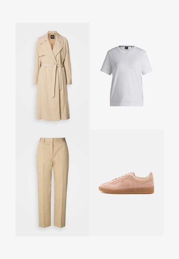 Beige Trenchcoat aus glattem Stoff, mit einem doppelt geknöpften Design, breiten Revers, einem Gürtel in der Taille und seitlichen Taschen.; Weißes Baumwoll-T-Shirt mit rundem Halsausschnitt, kurzen Ärmeln und bequemer Passform. Mit einem kleinen Markenschild nahe dem Kragen.; Beige Straight-Leg-Hose mit Gürtelschlaufen, Vorderfalz und verdecktem Verschluss, präsentiert vor hellem Hintergrund.; Helle rosa Wildleder-Sneaker mit Gummisohle, abgerundetem Zehenbereich und Schnürverschluss. Minimalistisches Branding an der Seite und Ferse.