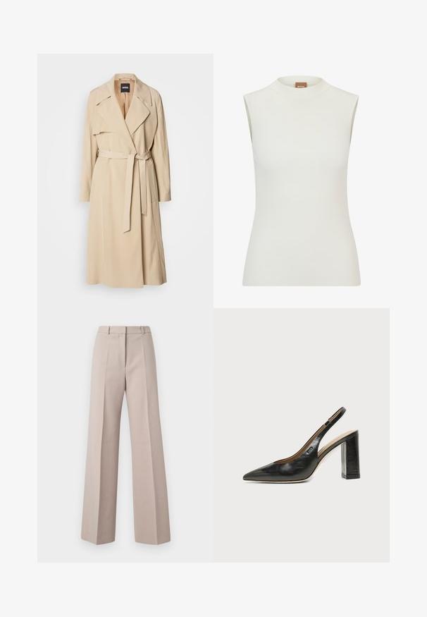 Beige trenchcoat lavet af glat stof, med dobbeltradet design, brede klapper, bælte i taljen og sidelommer.; Hvid, ærmeløs top med høj halsudskæring, der har en ribbet tekstur og et tætsiddende design. Brandlabel "BOSS" synlig på kraven.; Beige vide bukser lavet af et glat stof, med høj talje, forkantede folder og en skræddersyet silhuet.; Sort læder peep-toe slingback sko med høj blokhæl og beige indvendig foring mod en ensfarvet lys baggrund.