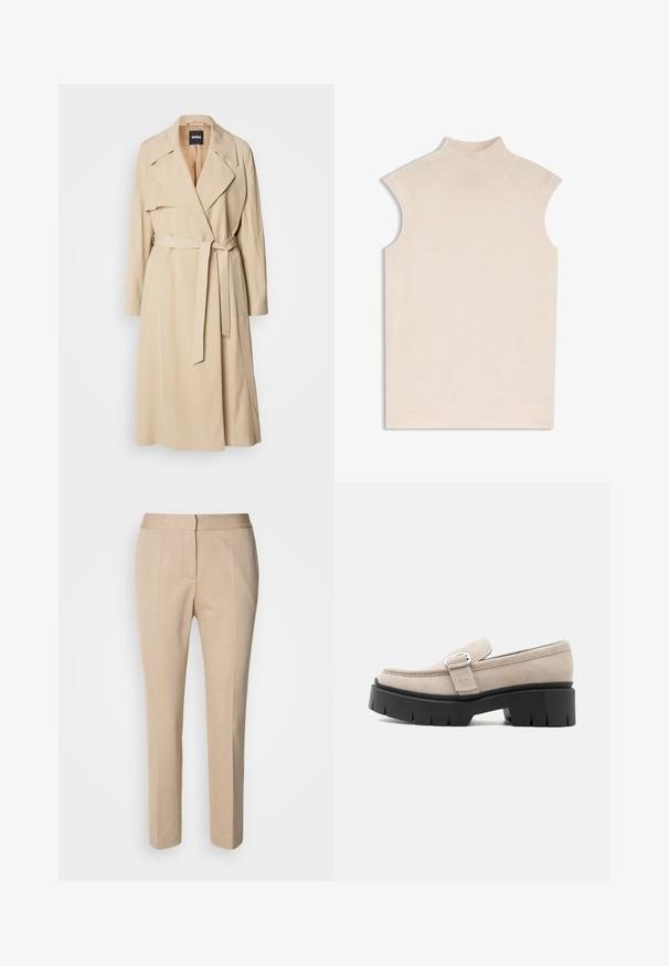 Beige trenchcoat van gladde stof, met een dubbelknoopsluiting, brede revers, een riem in de taille en zijzakken.; Mouwloze top met nep col in lichtbeige, met een gladde textuur en een subtiele geribbelde kraag met verfijnde schouderdetails.; Beige op maat gemaakte broeken met een gestructureerde stof, slanke pasvorm, middelhoge taille en rechte pijpen. Knopen- en ritssluiting aan de voorkant.; Beige suède loafer met zilveren gesp en dikke zwarte chunkysouw, zijaanzicht op witte achtergrond.