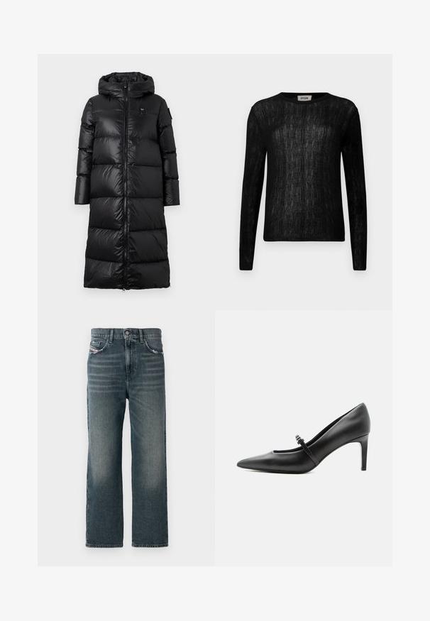 Manteau en duvet noir avec capuche, doté d'une fermeture éclair à l'avant, d'un design matelassé et d'une texture lisse et brillante. Branding minimaliste sur la poitrine.; Haut noir à manches longues avec un motif tricoté texturé, encolure ronde et silhouette ajustée. Matière douce avec une apparence semi-transparent.; Jeans droits bleu foncé avec une texture délavée, design à cinq poches et un petit logo sur la poche avant.; Escarpin noir en cuir à bout pointu avec une fine bride et une boucle sur le cou-de-pied, posé sur un fond clair neutre.