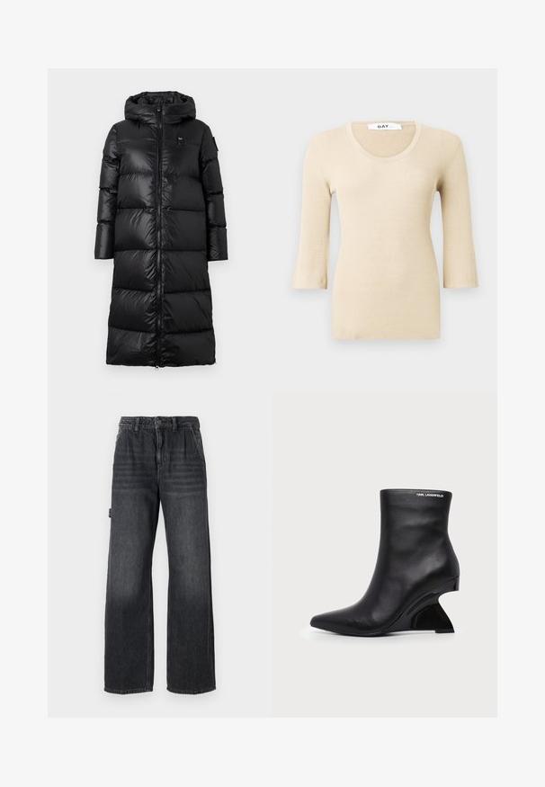 Manteau en duvet noir avec capuche, doté d'une fermeture éclair à l'avant, d'un design matelassé et d'une texture lisse et brillante. Branding minimaliste sur la poitrine.; Top à manches longues en beige côtelé avec un décolleté arrondi. La texture est lisse et ajustée. Des poignets évasés ajoutent un détail de design subtil.; Jean large en denim gris foncé, avec une taille haute, des poches avant et un léger délavage sur les cuisses. Détail de couture contrastée.; Bottine en cuir noir avec talon sculpté incurvé et logo Karl Lagerfeld près du bord supérieur sur fond blanc.