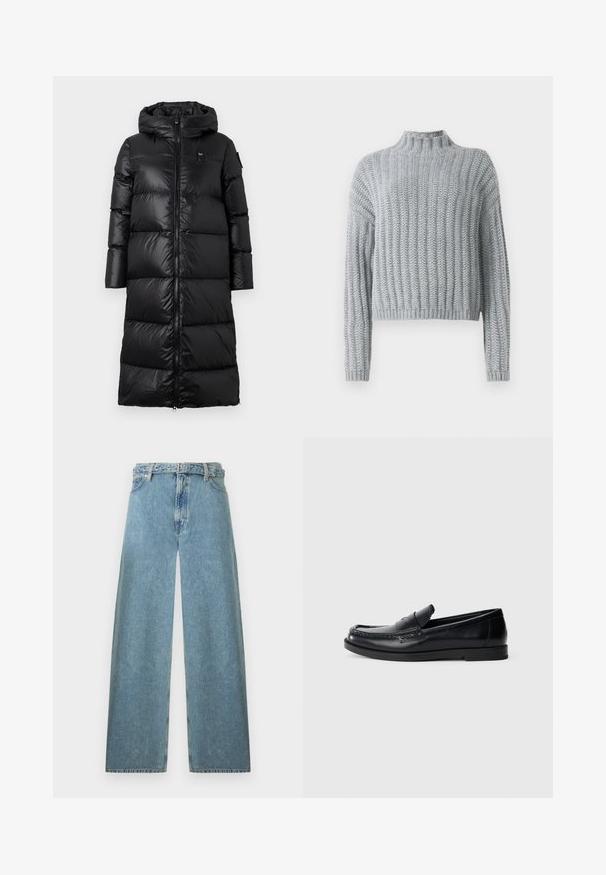 Manteau en duvet noir avec capuche, doté d'une fermeture éclair à l'avant, d'un design matelassé et d'une texture lisse et brillante. Branding minimaliste sur la poitrine.; Pull en tricot épais gris clair avec un motif en côtes, col montant, manches longues et une coupe légèrement cropped.; Jean en denim bleu clair à jambes larges avec une taille haute, passants pour ceinture, fermeture avant par bouton et zip sur fond blanc.; Mocassins en cuir noir avec un design d'accent cousu, bout rond, semelle plate en caoutchouc et finition lisse. Silhouette classique et polyvalente.