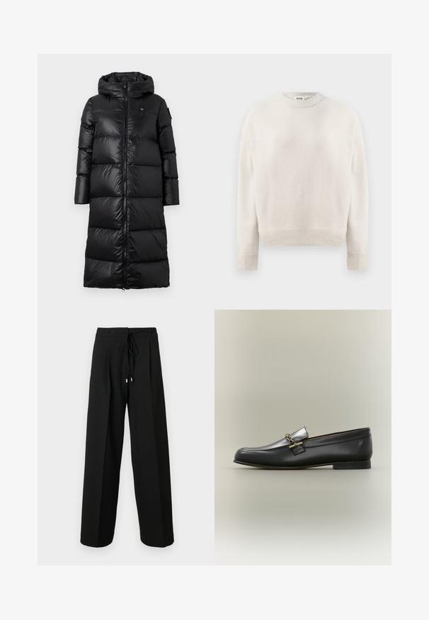 Manteau en duvet noir avec capuche, doté d'une fermeture éclair à l'avant, d'un design matelassé et d'une texture lisse et brillante. Branding minimaliste sur la poitrine.; Pull en maille de couleur crème avec des manches longues, bords-côtes aux poignets et à l'ourlet, et col rond, étiqueté "DRYKORN" à l'intérieur du col.; Pantalon noir à jambes larges avec taille à cordon, présentant des plis et une texture douce. Le design met l'accent sur le confort et une coupe ample.; Mocassin en cuir noir avec dessus argenté, détail de chaîne dorée, petit talon et bout arrondi sur fond neutre.