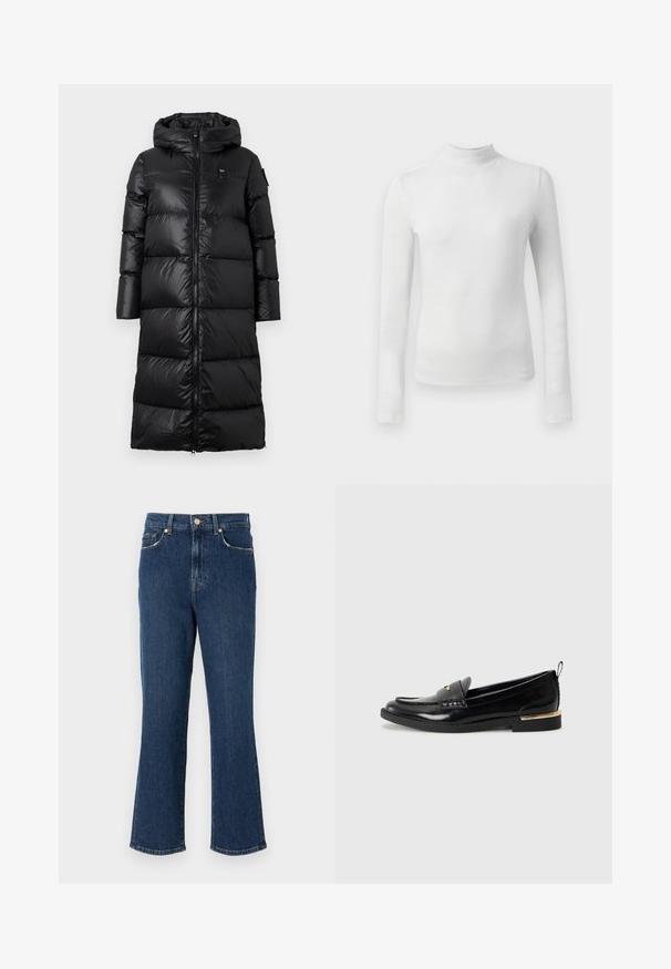 Manteau en duvet noir avec capuche, doté d'une fermeture éclair à l'avant, d'un design matelassé et d'une texture lisse et brillante. Branding minimaliste sur la poitrine.; Haut à col roulé à manches longues blanc fabriqué dans un tissu texturé et scintillant. Il a une coupe slim et un col haut.; Jean en denim bleu foncé, évasés, avec une taille bien dessinée, des poches avant et des détails en métal doré. Texture lisse avec des coutures détaillées.; Mocassins en cuir verni noir avec un bout arrondi, une sangle décorative et un accent doré sur le talon. Texture lisse avec des détails cousus.