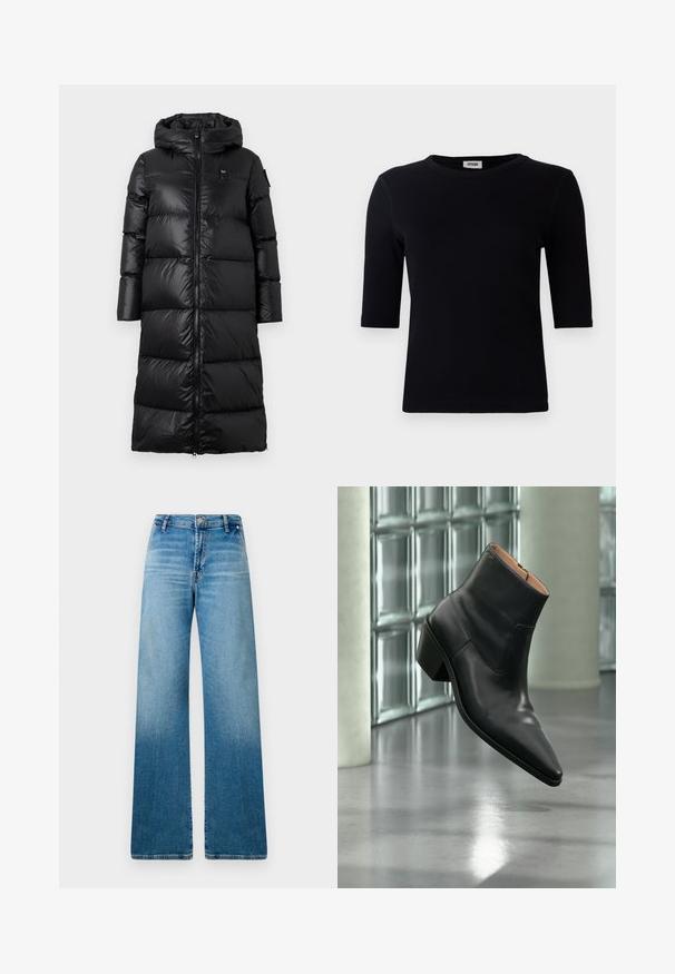 Manteau en duvet noir avec capuche, doté d'une fermeture éclair à l'avant, d'un design matelassé et d'une texture lisse et brillante. Branding minimaliste sur la poitrine.; T-shirt noir à côtes avec un col rond et des manches trois-quarts. Le tissu a une texture lisse et une ligne d'ourlet droite. Pas de marque visible.; Jean large en denim bleu clair, avec un design classique à cinq poches et une texture en dégradé subtil allant du bleu plus foncé au bleu plus clair.; Bottine en cuir noir avec un bout pointu et un talon carré lévitant au-dessus d'un sol gris réfléchissant près d'un mur en blocs de verre.