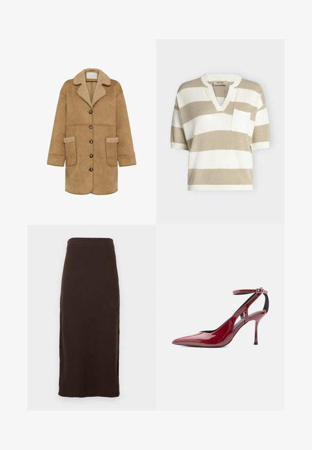Kaffe KAMARLIE - Manteau court - toasted coconut; Haut côtelé à manches courtes avec larges rayures horizontales beige et blanches, col en V, et une poche poitrine blanche sur le côté gauche.; Jupe marron longueur genou en tissu doux avec une silhouette ajustée. Caractérisée par une ceinture lisse et extensible et des fentes latérales pour faciliter les mouvements.; Chaussure à talon haut en cuir verni rouge avec bout pointu, bride de cheville et boucle, présentée de profil sur fond blanc.