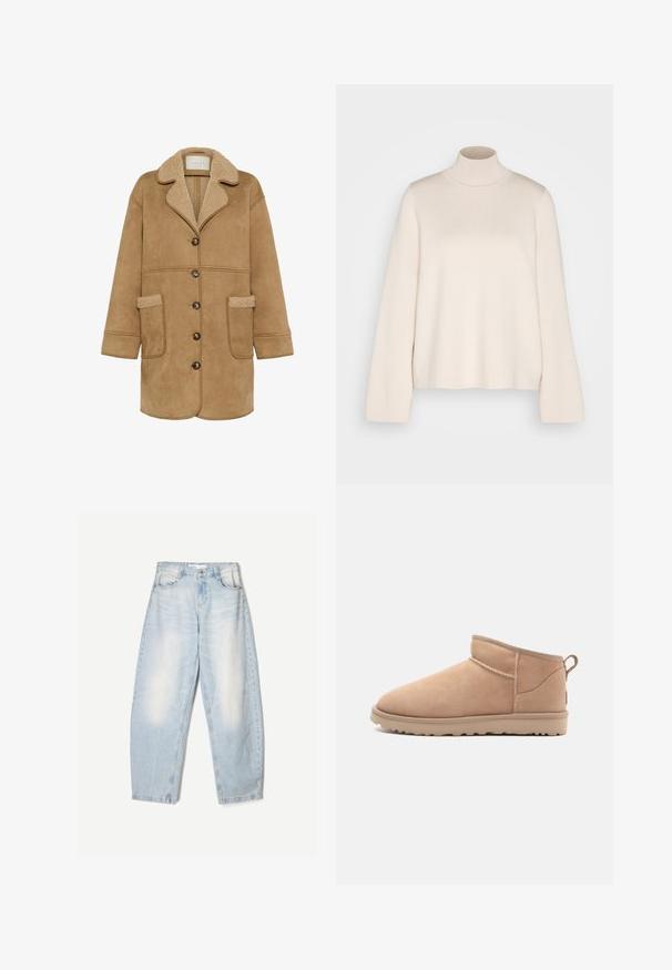 Kaffe KAMARLIE - Manteau court - toasted coconut; Pull en col roulé crème à manches longues, fabriqué en maille douce. Présente un col ajusté et une silhouette décontractée. Aucun motif ou accent visible.; Jean en denim bleu clair à coupe décontractée, avec une finition délavée, deux poches avant et une fermeture par bouton au niveau de la taille.; Botte de cheville en daim beige avec un bout arrondi, une texture douce, un design simple et une semelle en caoutchouc à profil bas. Dispose d'une languette à l'arrière.