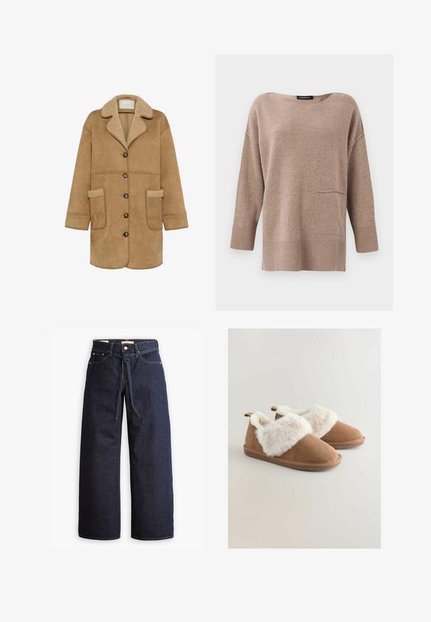 Kaffe KAMARLIE - Manteau court - toasted coconut; Pull en tricot marron avec un col large, des manches trois-quarts, un ourlet côtelé et un détail de poche à l'avant. Texture douce et coupe décontractée.; Jeans en denim bleu foncé à jambes larges, avec une taille haute, dotés d'un lien à cordon, de cinq poches et de détails de couture contrastants.; Chaussons en daim brun avec un épais bord en fausse fourrure couleur crème et des semelles en caoutchouc, conçus pour le confort et la chaleur à l'intérieur.