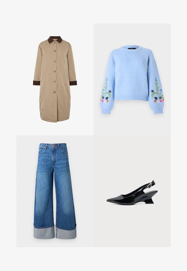 Beige jas met een bruine corduroy kraag, knoopsluiting aan de voorkant, lange mouwen en zijzakken. Glad materiaal met een knielange uitstraling.; Lichtblauwe gebreide trui met een ronde hals, geribbelde manchetten en bloemrijke borduursels op de mouwen in verschillende kleuren. Zachte textuur.; Wijd uitgesneden denim jeans in medium blauw. Kenmerken een hoge taille, omgeslagen zoom in lichter denim en een klassieke vijf-pocket ontwerp met metalen accenten.; Zwarte lakleren slingback schoen met spitse neus en lage schuine blokhak op een effen lichte achtergrond.