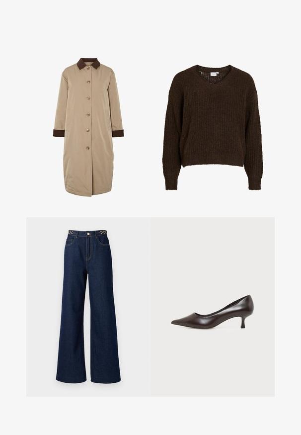 Beige Mantel mit braunem Cordkragen, vorderer Knopfverschluss, langen Ärmeln und seitlichen Taschen. Glatter Stoff mit einem knielangen Design.; Brauner gestrickter Pullover mit V-Ausschnitt, langen Ärmeln und lockerem Schnitt. Das strukturierte Gewebe hat ein weiches, flauschiges Aussehen. Innen sichtbares Etikett.; Weite dunkelblaue Denim-Jeans mit hoher Taille, goldenen Kettenakzenten am Bund und kontrastierenden Nähten.; Dunkelbrauner Leder-Pumps mit spitzer Kappe und niedrigem, gebogenem Absatz auf weißem Hintergrund.