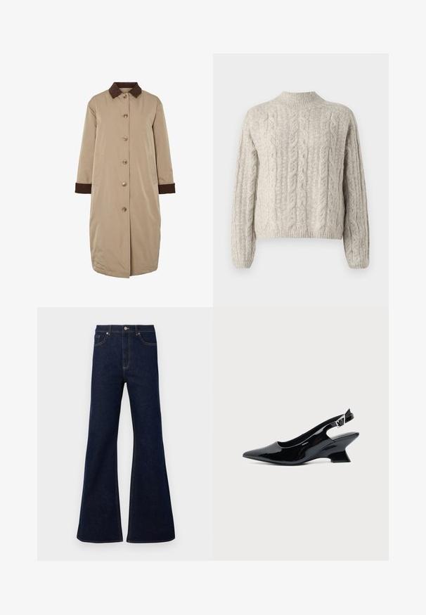 Beige Mantel mit braunem Cordkragen, vorderer Knopfverschluss, langen Ärmeln und seitlichen Taschen. Glatter Stoff mit einem knielangen Design.; Cremefarbener Kabelstrickpullover mit hohem Kragen, langen Ärmeln und geripptem Saum. Besitzt strukturierte Muster und eine leicht lockere Passform.; Dunkelblaue ausgestellte Jeans aus Denim mit hoher Taille, frontalen Taschen und goldenen Nähakzenten. Glatte Textur mit traditionellem Schnitt.; Schwarzer Slingback-Schuh aus Lackleder mit spitzer Spitze und niedrigem, schrägem Blockabsatz auf einfachem hellem Hintergrund.