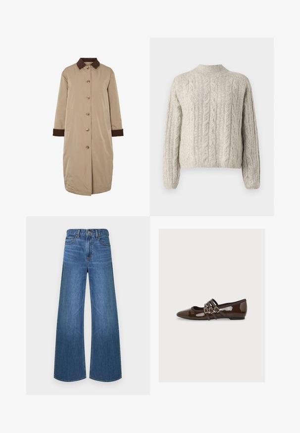 Beige Mantel mit braunem Cordkragen, vorderer Knopfverschluss, langen Ärmeln und seitlichen Taschen. Glatter Stoff mit einem knielangen Design.; Cremefarbener Kabelstrickpullover mit hohem Kragen, langen Ärmeln und geripptem Saum. Besitzt strukturierte Muster und eine leicht lockere Passform.; Blaue Jeans mit weitem Bein, vorn mit Knopf und Reißverschluss, im Fünf-Taschen-Stil und mit Gürtelschlaufen, präsentiert vor weißem Hintergrund.; Dunkelbrauner Lackleder-Flachschuh mit spitzer Zehenpartie und drei dünnen Riemen mit goldenen Schnallen über dem Spann.