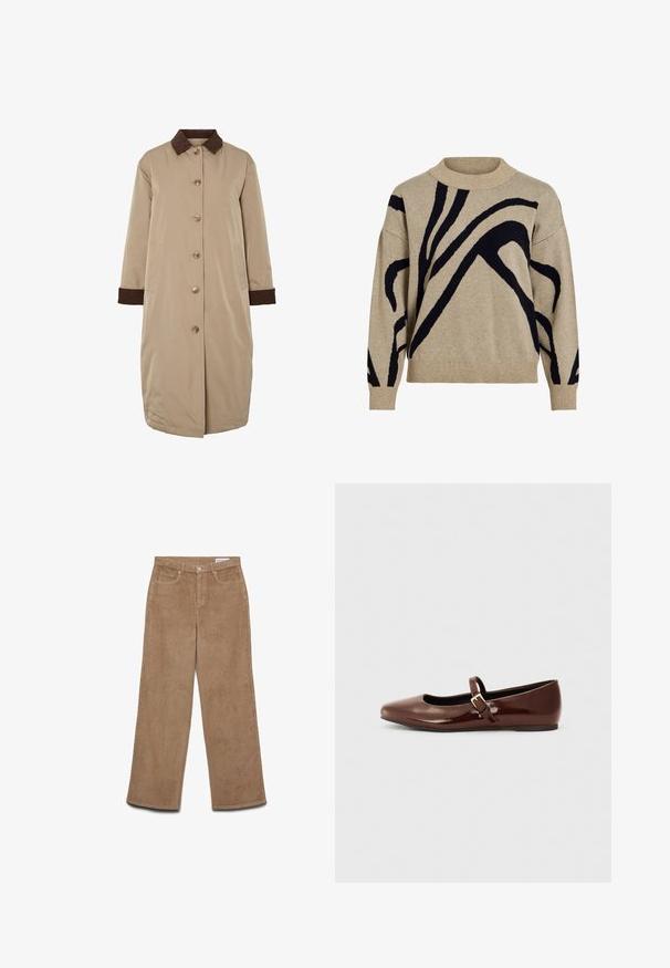 Beige Mantel mit braunem Cordkragen, vorderer Knopfverschluss, langen Ärmeln und seitlichen Taschen. Glatter Stoff mit einem knielangen Design.; Beige Strickpullover mit schwarzen abstrakten gebogenen Linien, gerippter Stehkragen, Bündchen und Saum, vor einem weißen Hintergrund präsentiert.; Braune Cord-Hosen mit weitem Bein. Sie zeichnen sich durch einen strukturierten Stoff, fünf Taschen und einen Knopfverschluss aus. Gerade geschnitten vom Hüft- bis zum Saum.; Braune Lackleder-Ballerinas mit quadratischer Zehenform und Riemen mit einer kleinen goldenen Schnalle. Glatte Textur, niedriger Absatz und minimalistisches Design.